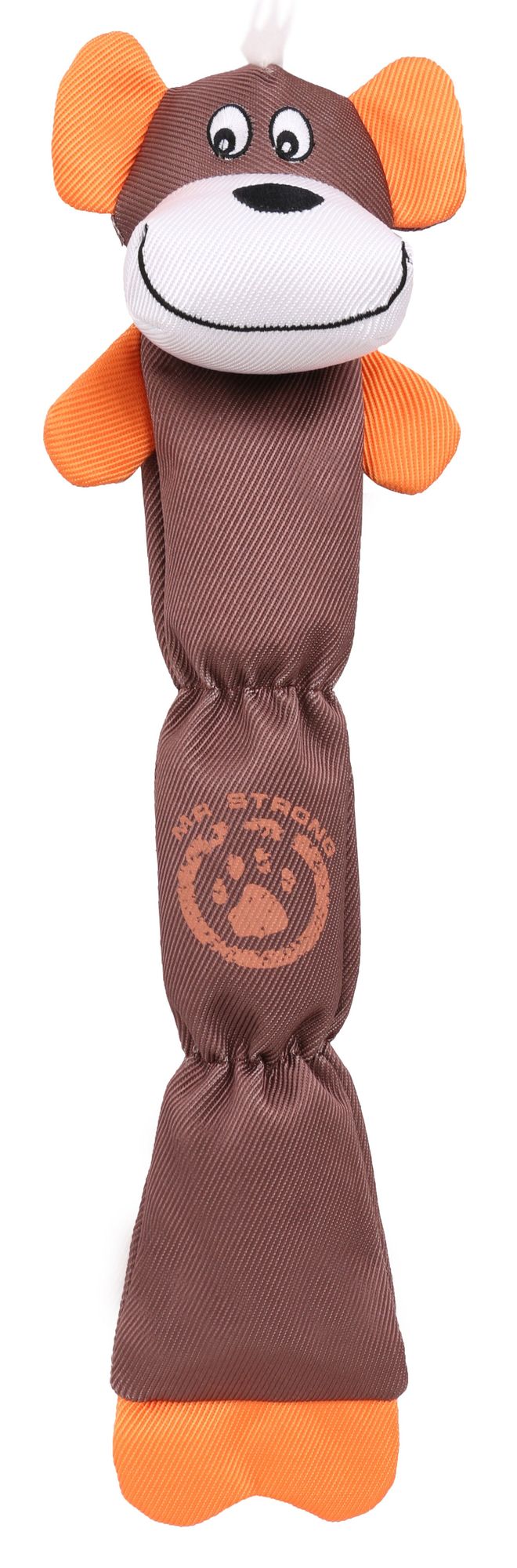 Durable dog chew toy shaped like a brown and orange smiling dog with soft textured fabric