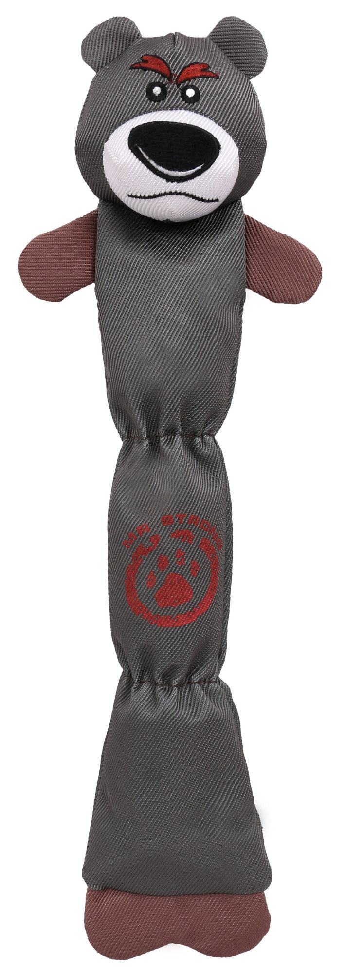 Durable dog chew toy shaped like a grey and brown angry bear with reinforced stitching