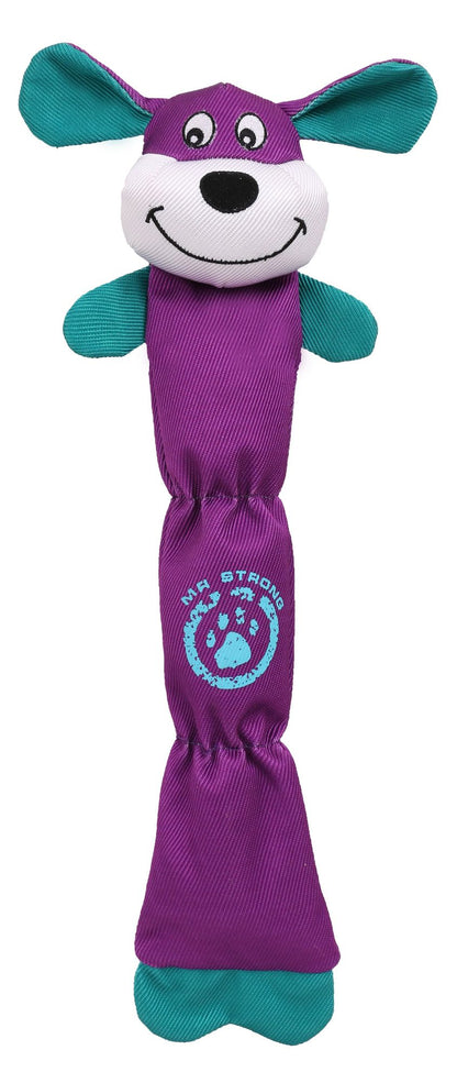Purple and teal dog chew toy with a smiling cartoon face and PawCounter logo durable dog chew toy