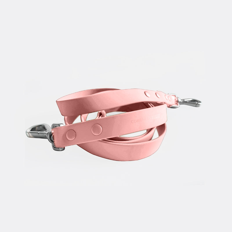Come Here Buddy durable dog leash in soft pink color with sturdy metal clips for strong support