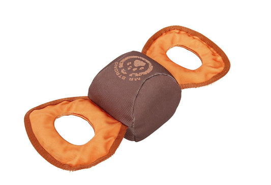 Durable plush dog toy in brown and orange with handles for interactive play