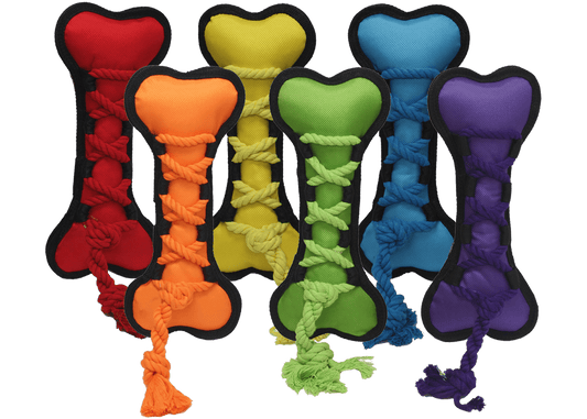Colorful durable rope dog toy in bone shape by The Family Pet, available in red orange yellow green blue and purple