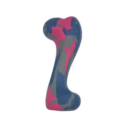 American Pet Supplies durable rubber dog bone toy in blue gray and pink camouflage design