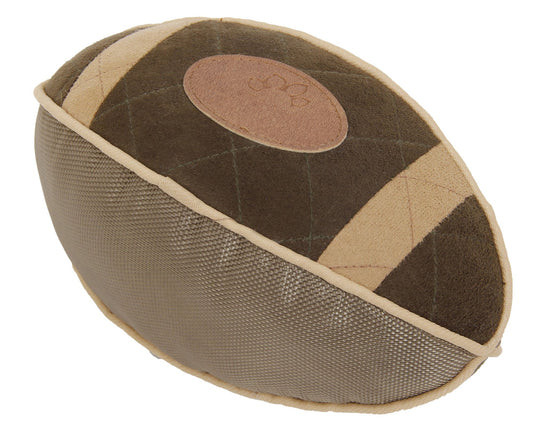Durable squeaky football dog toy in brown with textured sides and paw print detail
