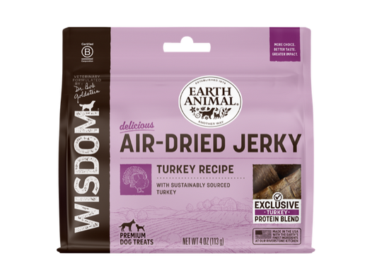 Earth Animal Air Dried Jerky Turkey Recipe dog treats package with sustainably sourced turkey jerky