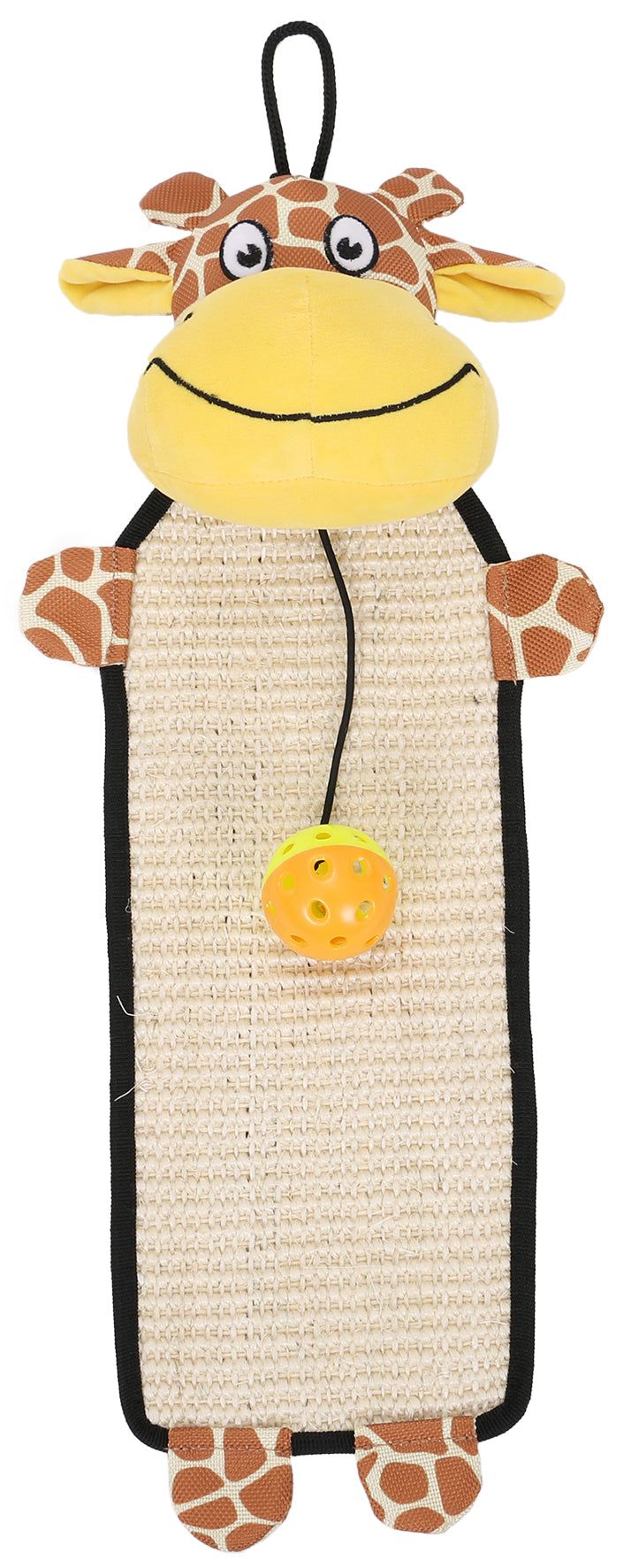 Eco-friendly cat scratcher with giraffe design and hanging toy ball for interactive play