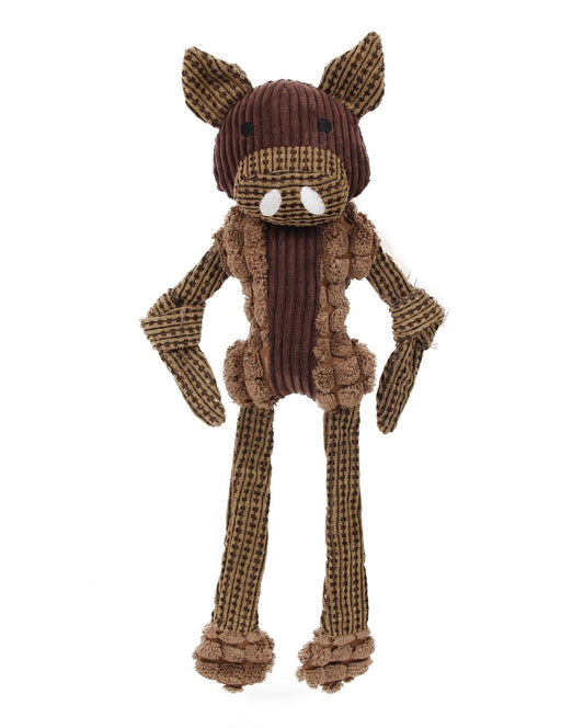 Brown and tan eco-friendly dog chew toy shaped like a textured wild boar with long legs