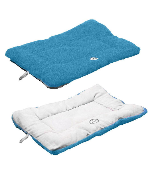 Blue and white reversible eco friendly pet bed mat with cushioned support from PawCounter.com