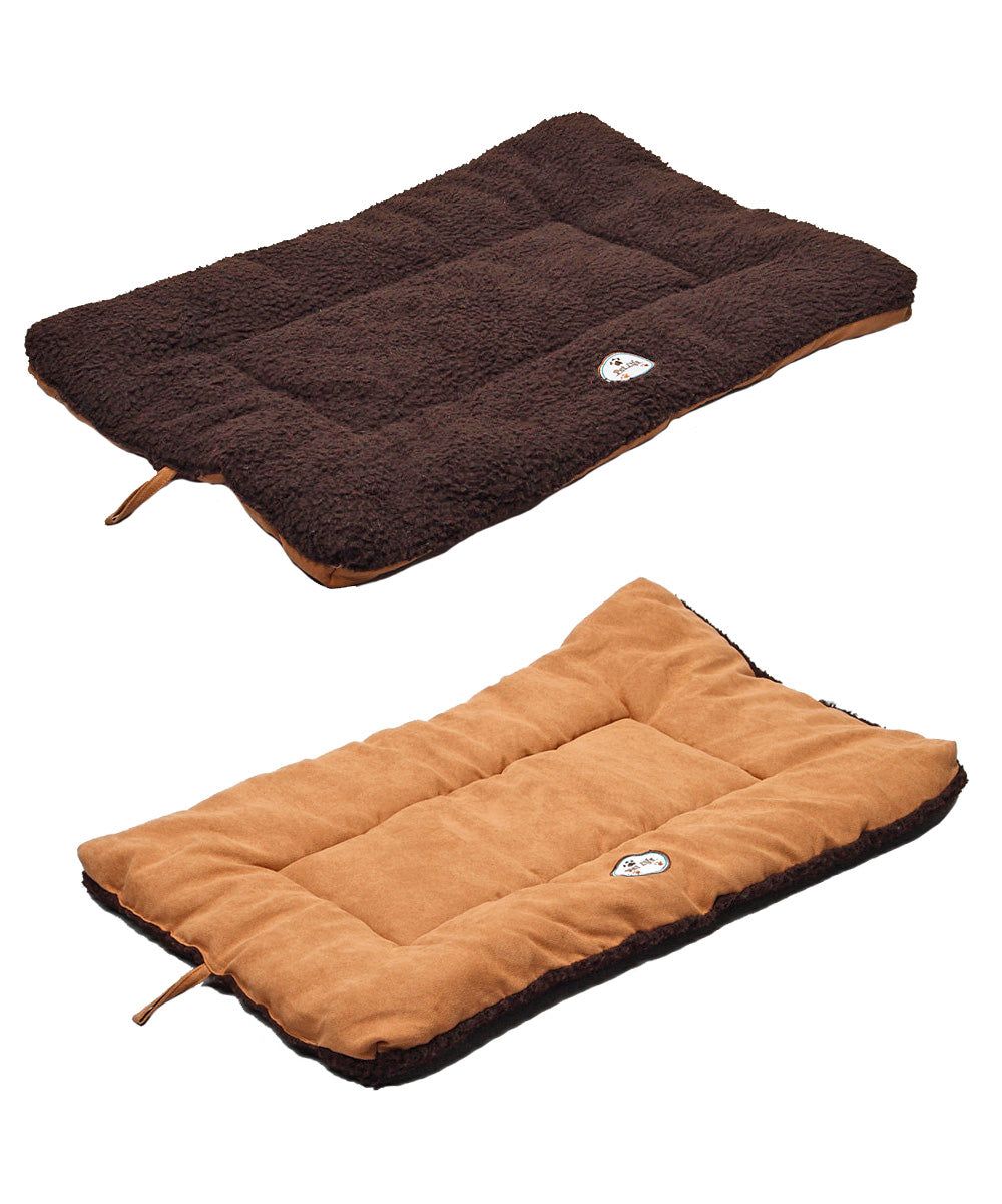 Brown and tan reversible eco-friendly pet bed mat with soft cushioned surface for pets