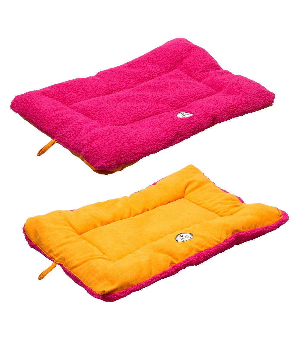 Bright pink and orange reversible eco-friendly pet bed mat with soft cushioned texture
