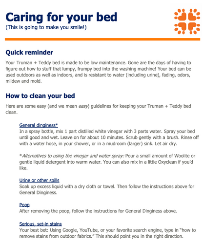 Cleaning instructions for The Family Pet elevated pet bed with tips for general dinginess, spills, and stains