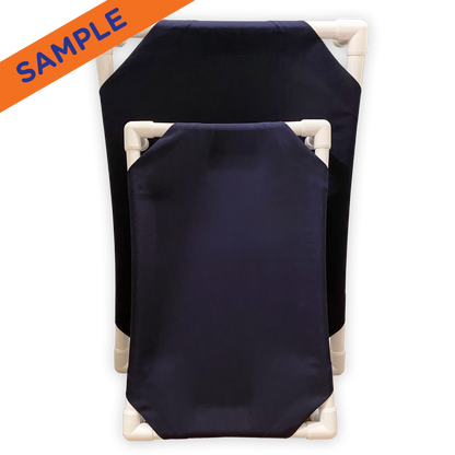 The Family Pet elevated pet bed with durable white frame and navy blue fabric for pets