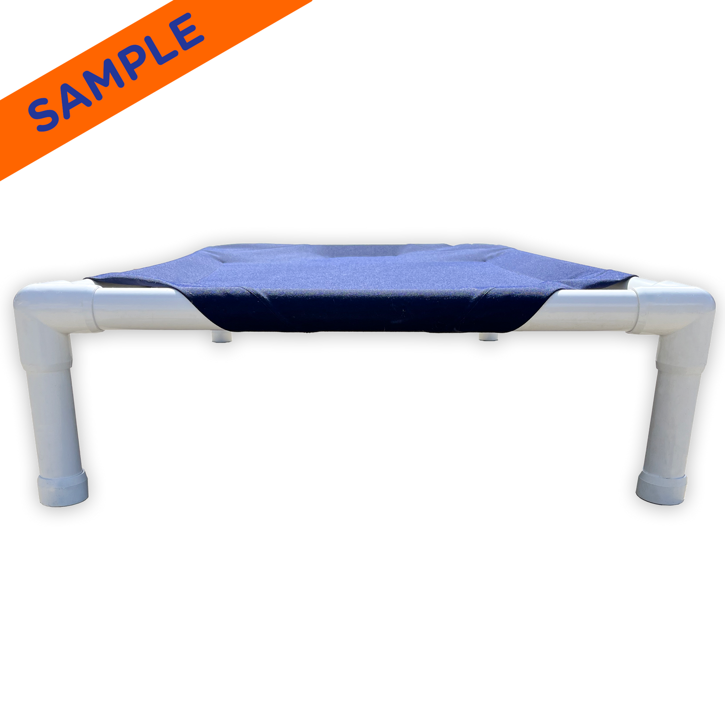 The Family Pet elevated pet bed with navy blue fabric and white PVC frame for pets