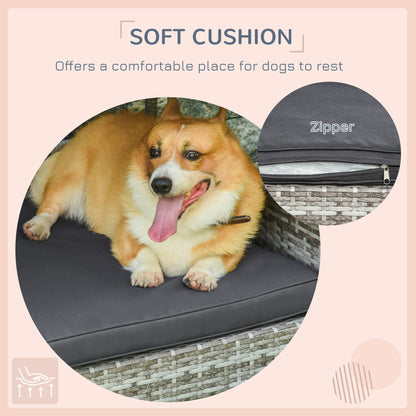 Dog resting comfortably on a soft cushion inside an elevated wicker dog house with zipper cover
