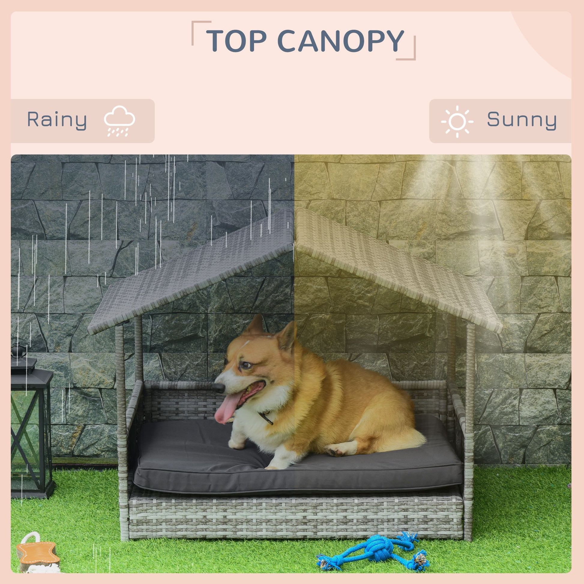 Elevated wicker dog house with top canopy protecting dog from rain and sun by PawCounter.com