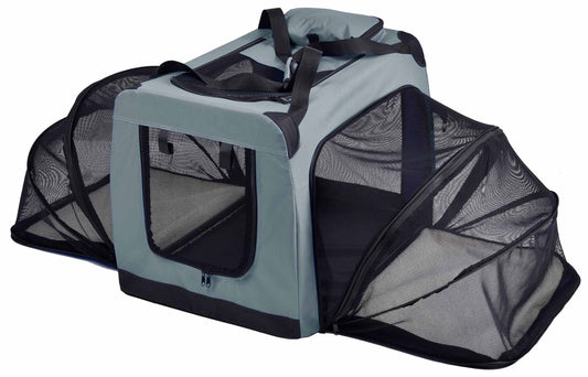 Gray and black expandable dog crate with mesh sides and carrying handles for easy transport