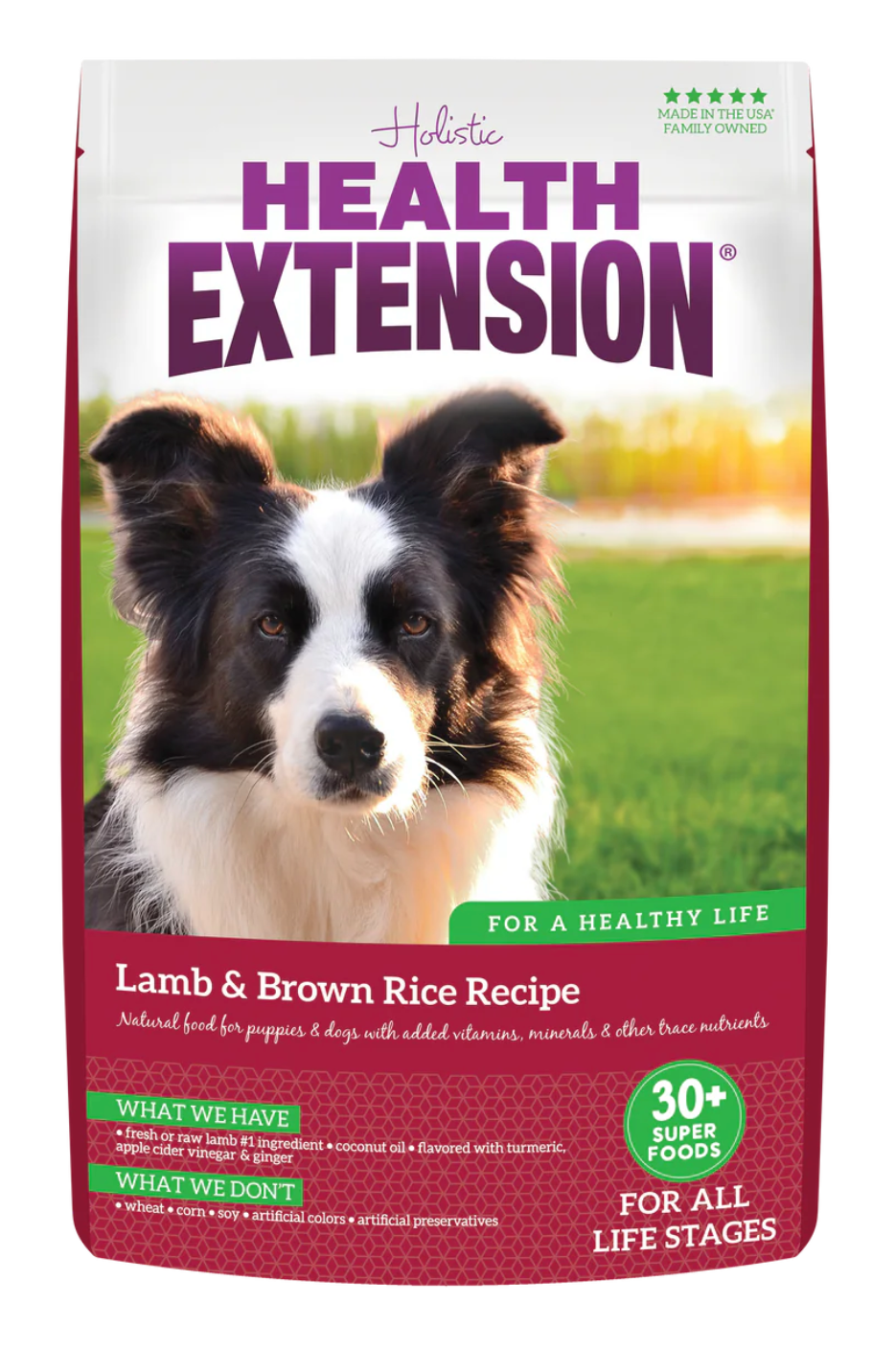 Health Extension Lamb and Brown Rice Dog Food for all life stages with added nutrients and superfoods