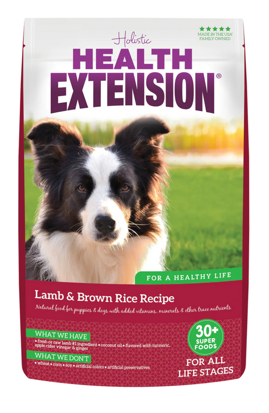 Health Extension Lamb and Brown Rice Dog Food for all life stages with added nutrients and superfoods