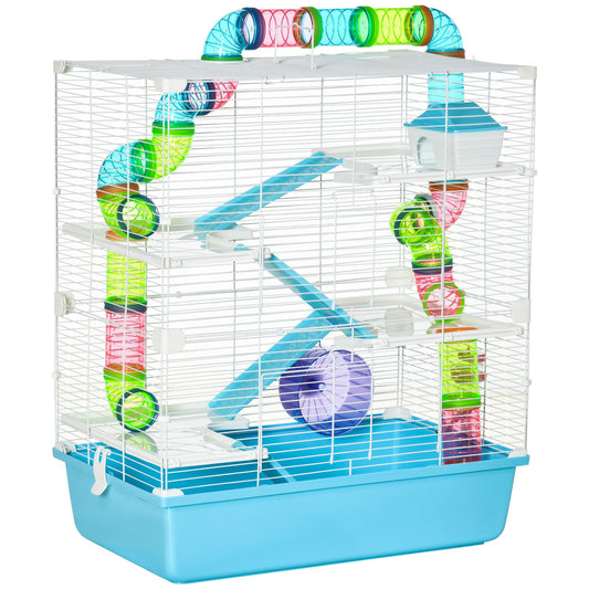 Extra large hamster cage with tunnels featuring colorful tubes, platforms, and a wheel for active pets
