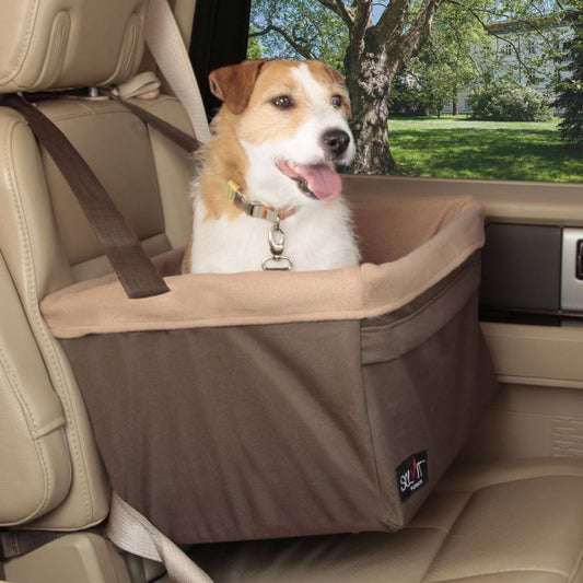 PetSafe extra large pet booster seat in car with small dog sitting safely inside