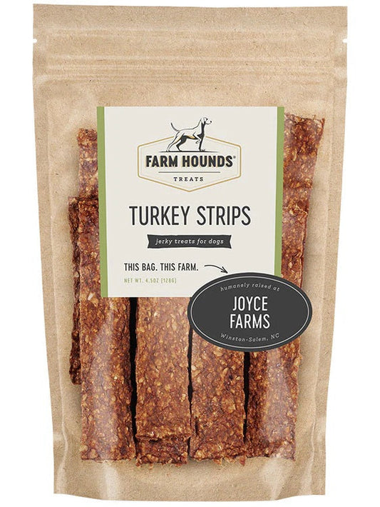 The Family Pet farm hounds turkey dog treats jerky strips in resealable brown pouch