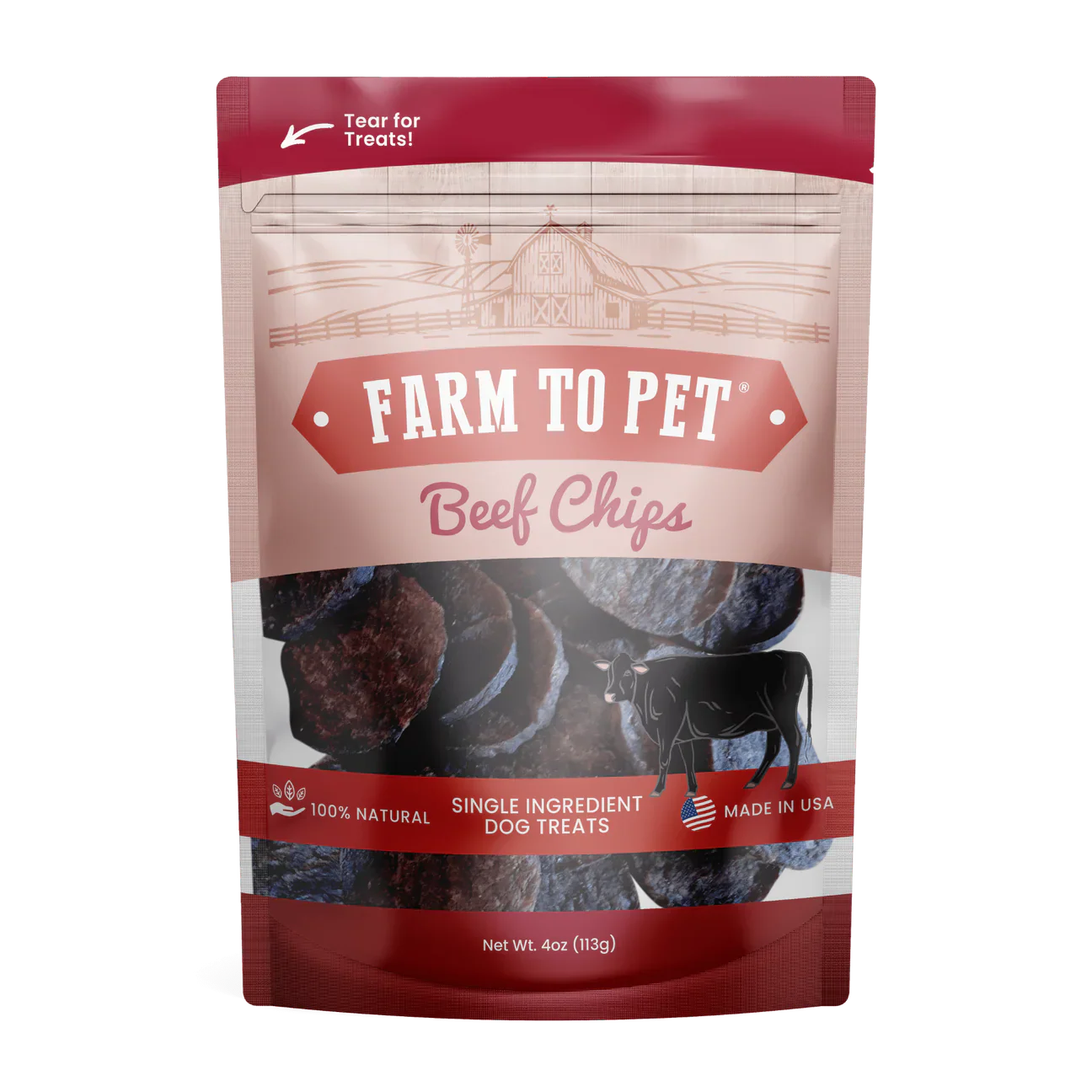The Family Pet beef chips dog treats in a resealable bag, 100% natural single ingredient snack