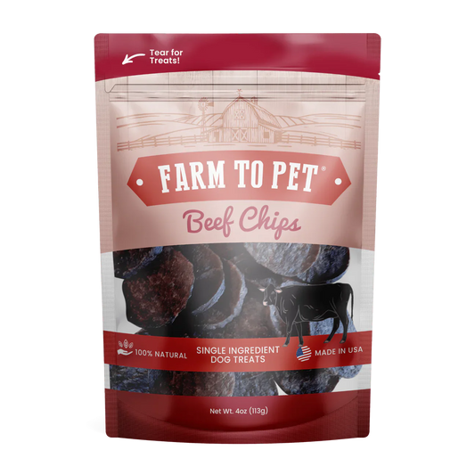 The Family Pet beef chips dog treats in a resealable bag, 100% natural single ingredient snack