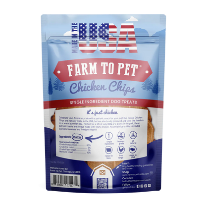 The Family Pet Chicken Chips dog treats in a USA-made packaging featuring single ingredient standards