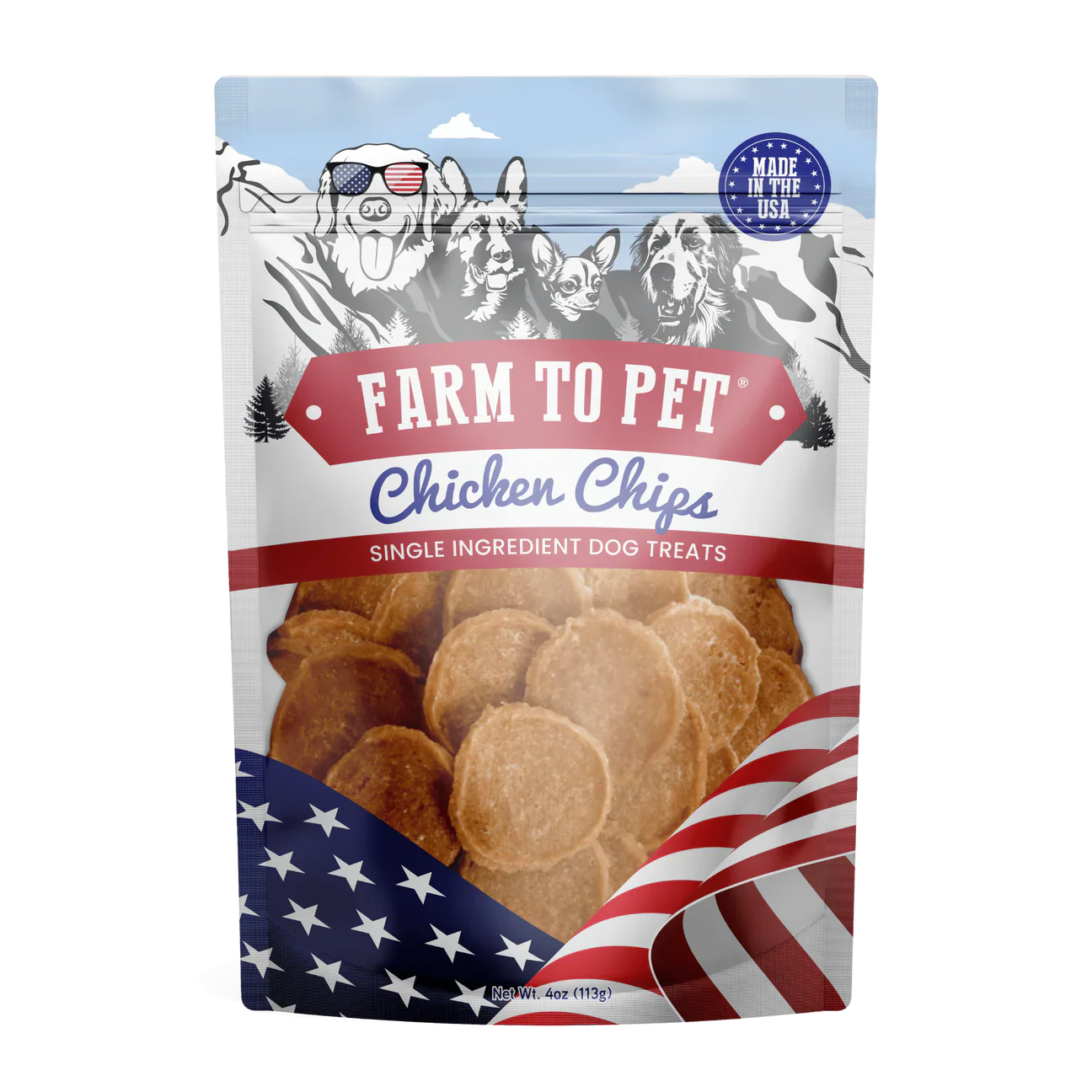 Farm to Pet Chicken Chips Dog Treats in a patriotic packaging with single ingredient for dogs