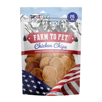 Farm to Pet Chicken Chips Dog Treats in a patriotic packaging with single ingredient for dogs