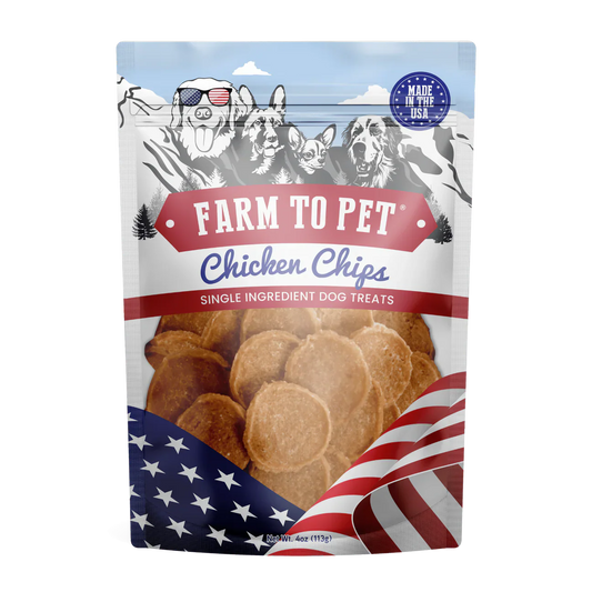 Farm to Pet Chicken Chips Dog Treats in a patriotic packaging with single ingredient for dogs