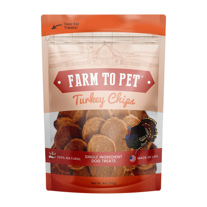 Farm to Pet Turkey Chips dog treats in a resealable bag, made with 100% natural ingredients