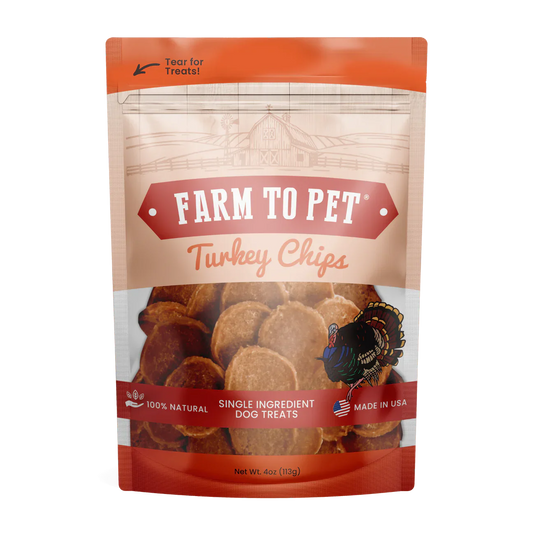 Farm to Pet Turkey Chips dog treats in a resealable bag, made with 100% natural ingredients