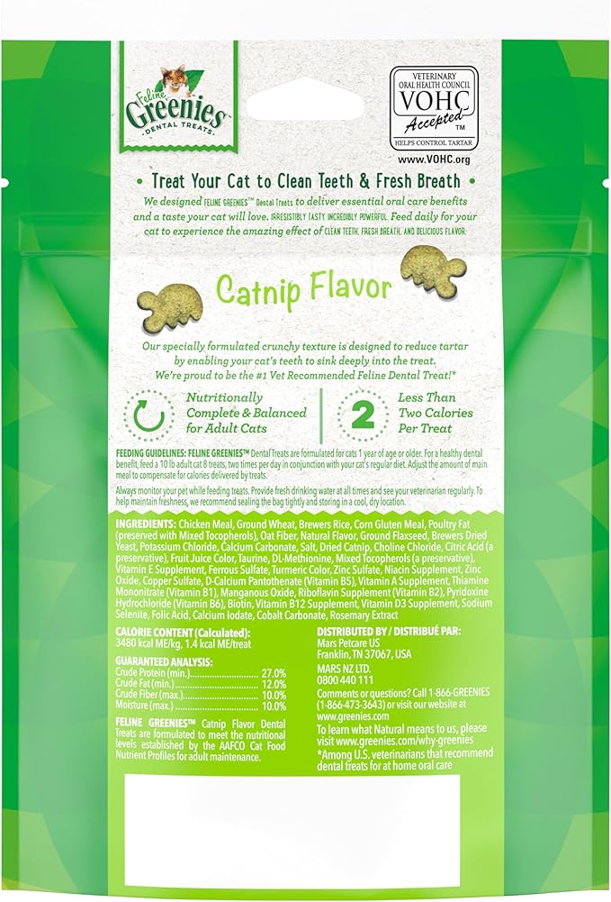 Greenies Catnip Flavor Cat Dental Treats for Cats, promoting clean teeth and fresh breath with essential nutrients