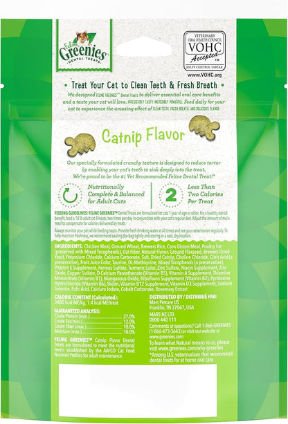 Greenies Catnip Flavor Cat Dental Treats for Cats, promoting clean teeth and fresh breath with essential nutrients
