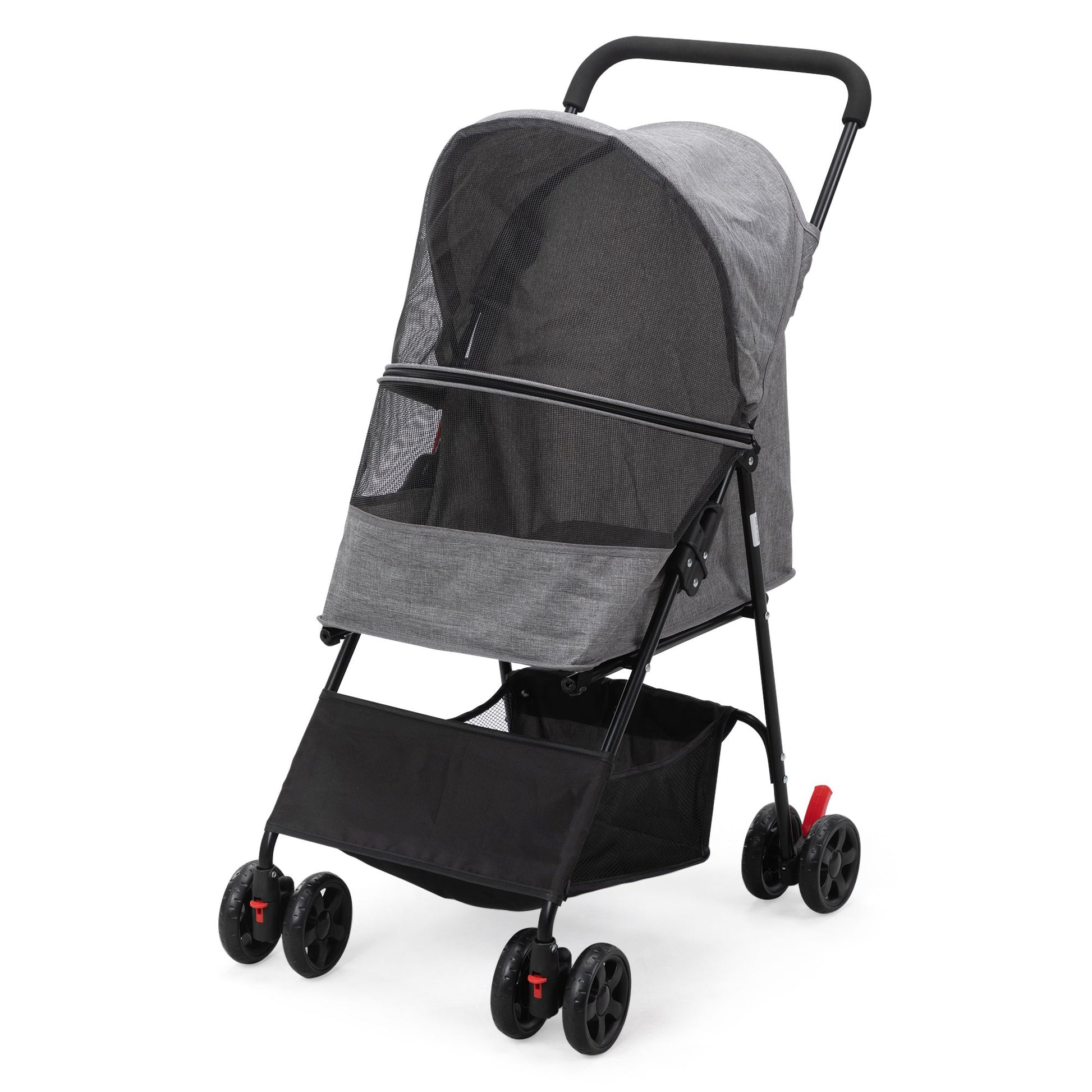 Foldable pet stroller in gray with mesh canopy and black storage basket for easy pet transport