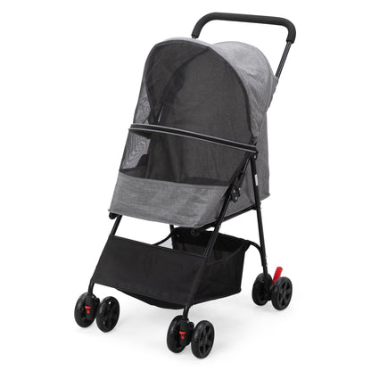Foldable pet stroller in gray with mesh canopy and black storage basket for easy pet transport