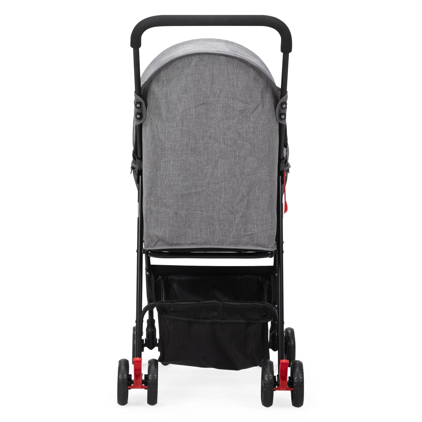 Rear view of foldable pet stroller with gray canopy and black storage basket by PawCounter.com