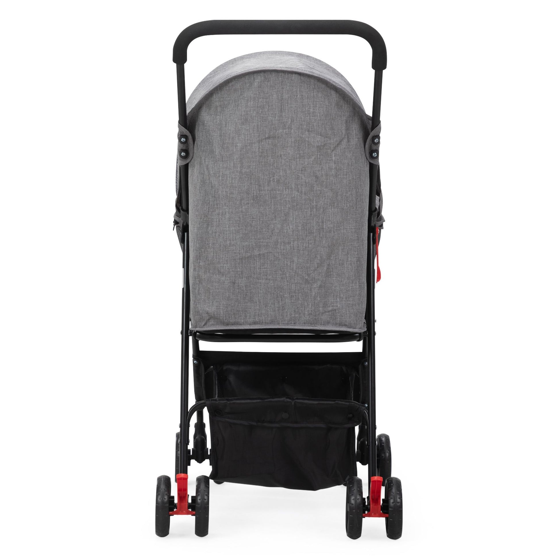 Rear view of foldable pet stroller with gray canopy and black storage basket by PawCounter.com