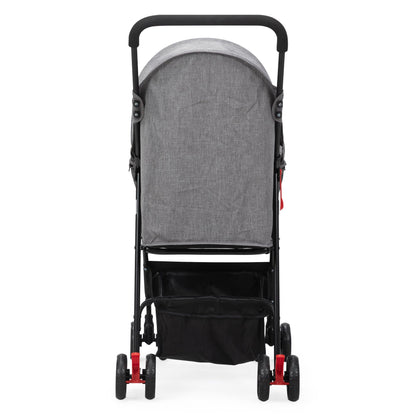 Rear view of foldable pet stroller with gray canopy and black storage basket by PawCounter.com