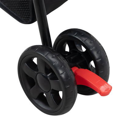 Close-up of black wheels with red brake on a foldable pet stroller from PawCounter.com