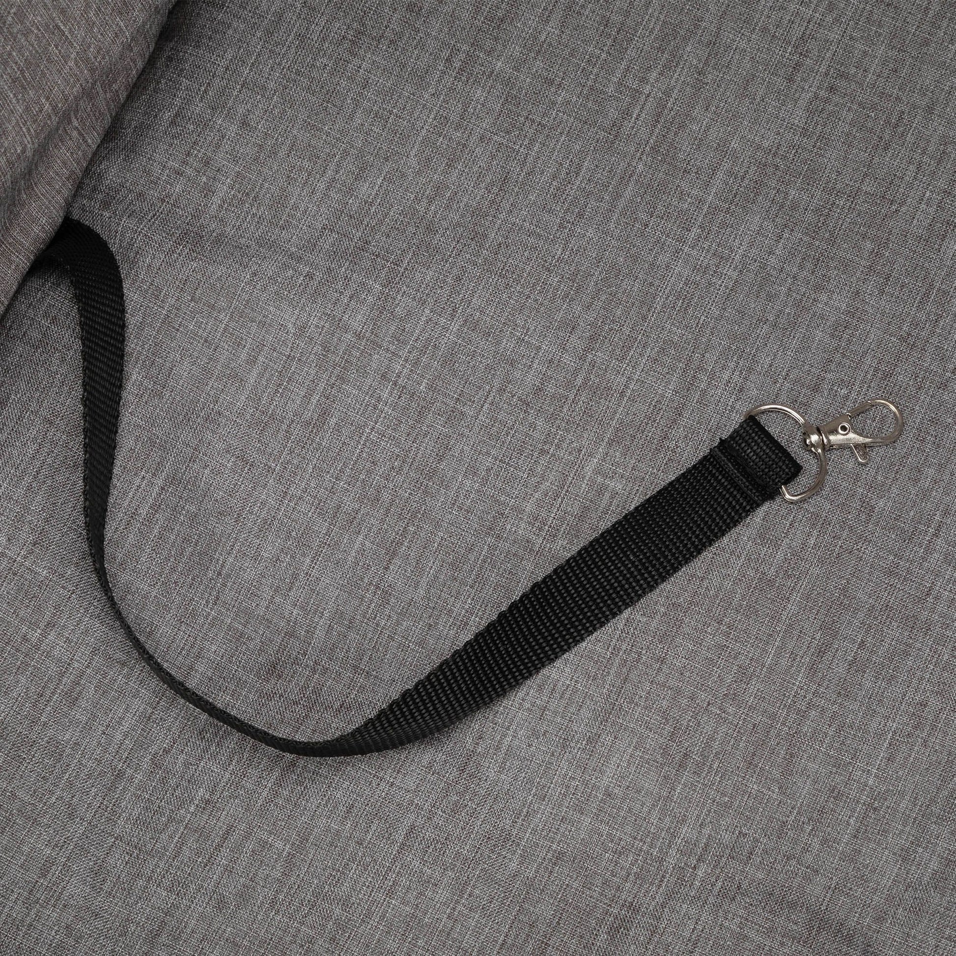 Black safety leash strap with metal clip on grey fabric of foldable pet stroller