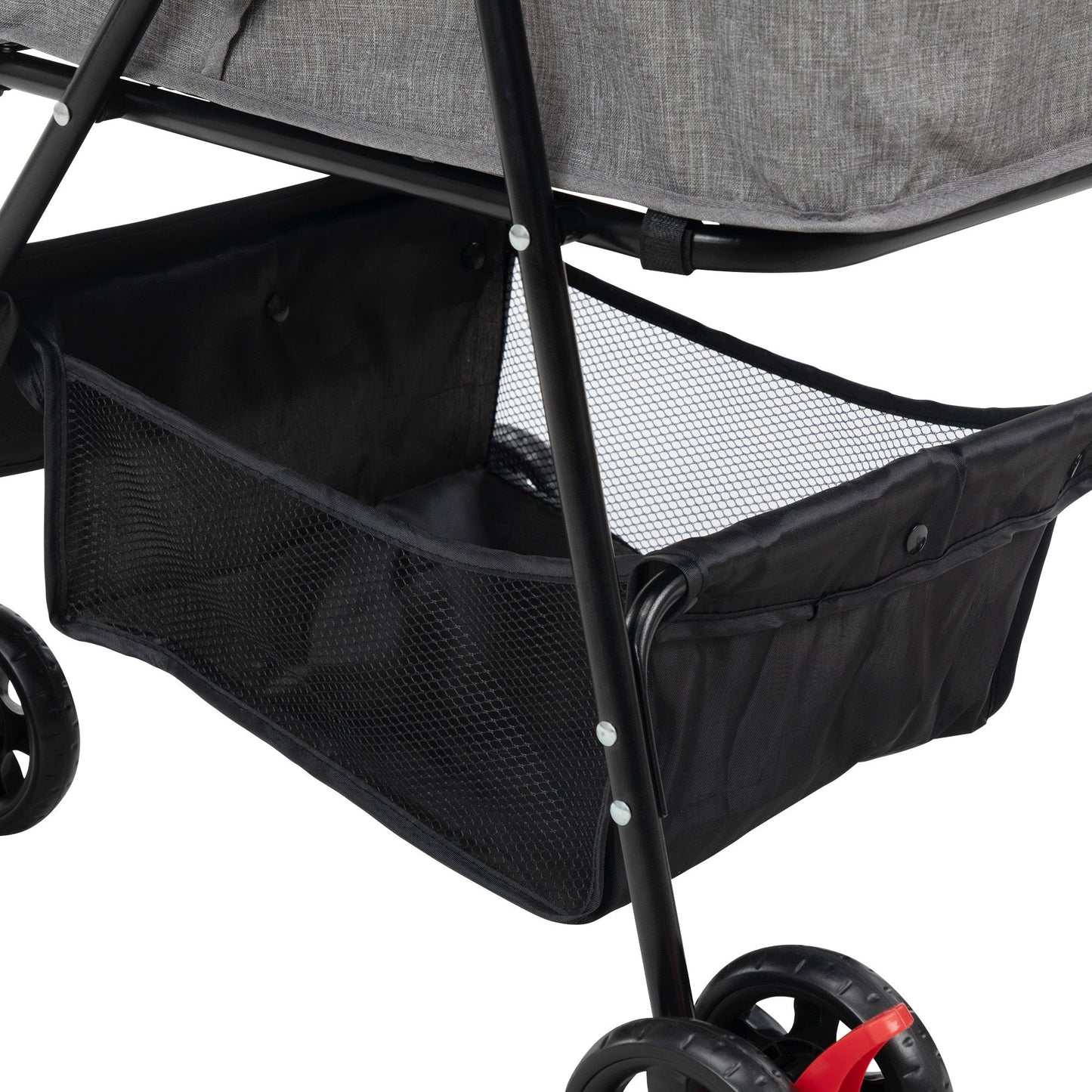 Black mesh storage basket under foldable pet stroller frame with wheels for easy transport