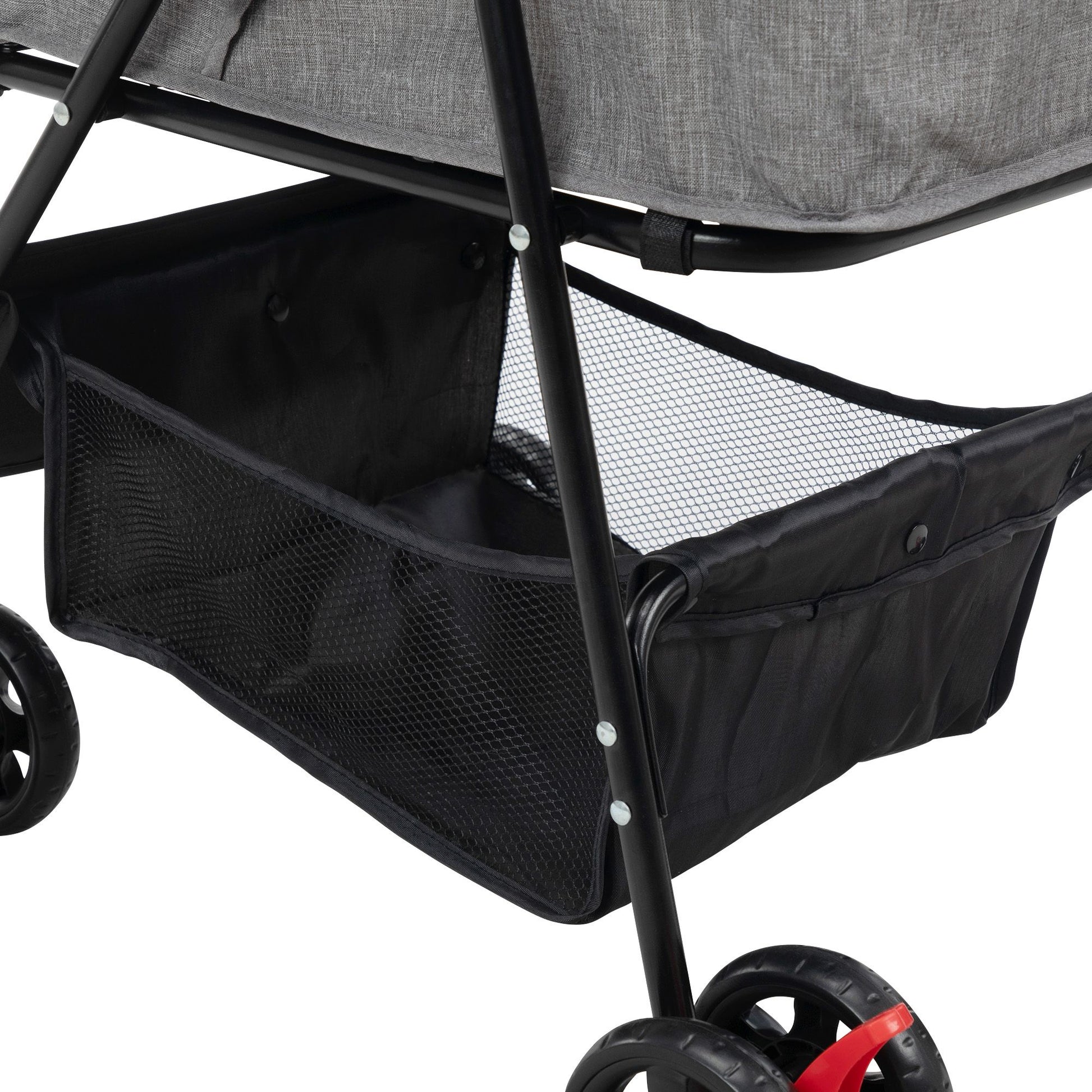 Black mesh storage basket under foldable pet stroller frame with wheels for easy transport