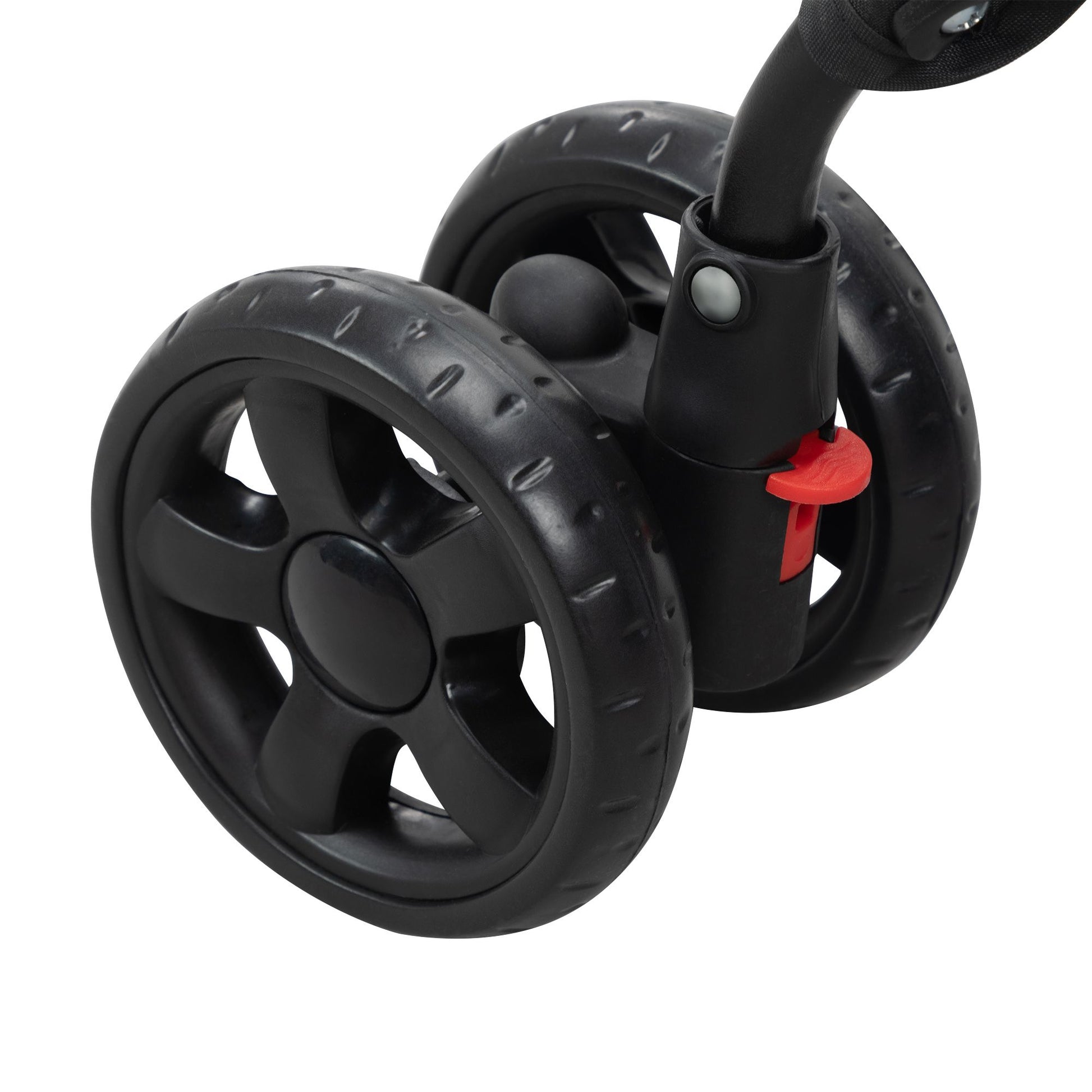 Close-up of sturdy black wheels on a foldable pet stroller for smooth mobility