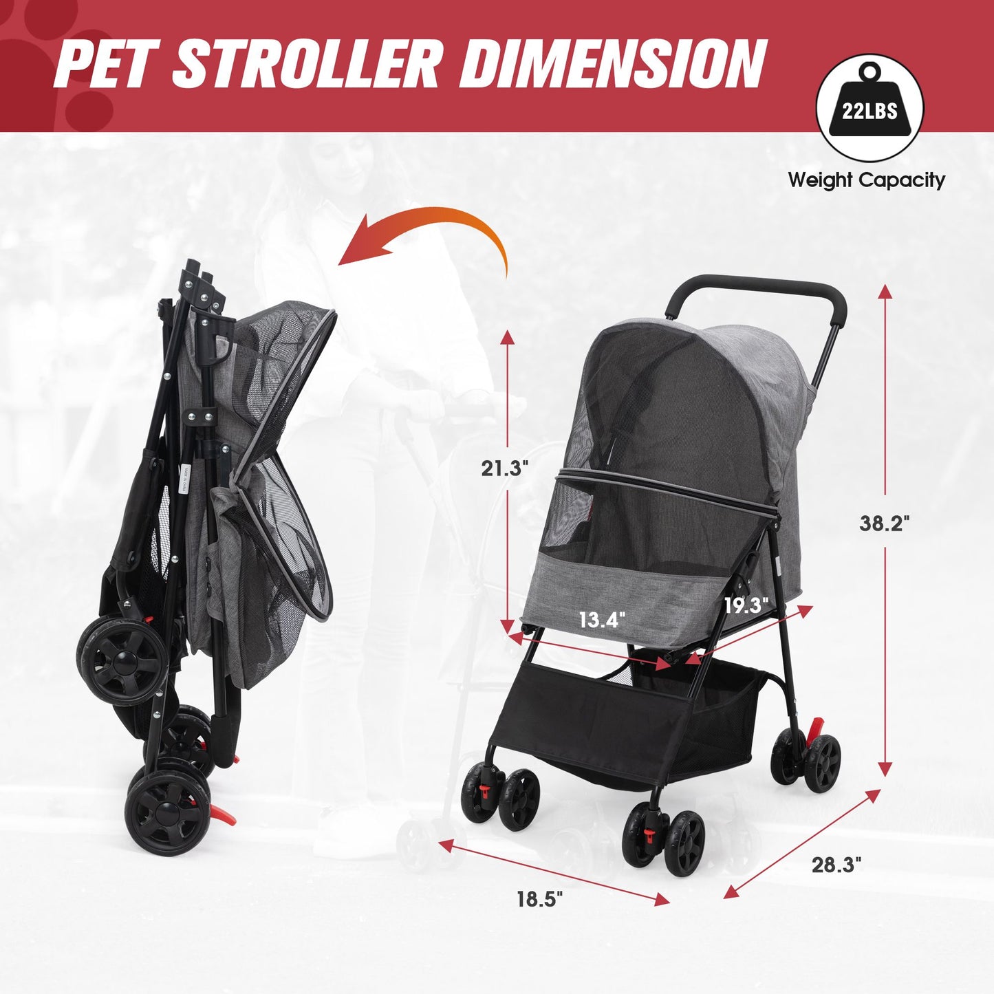 Foldable pet stroller in black and gray showing full dimensions and weight capacity of 22 pounds