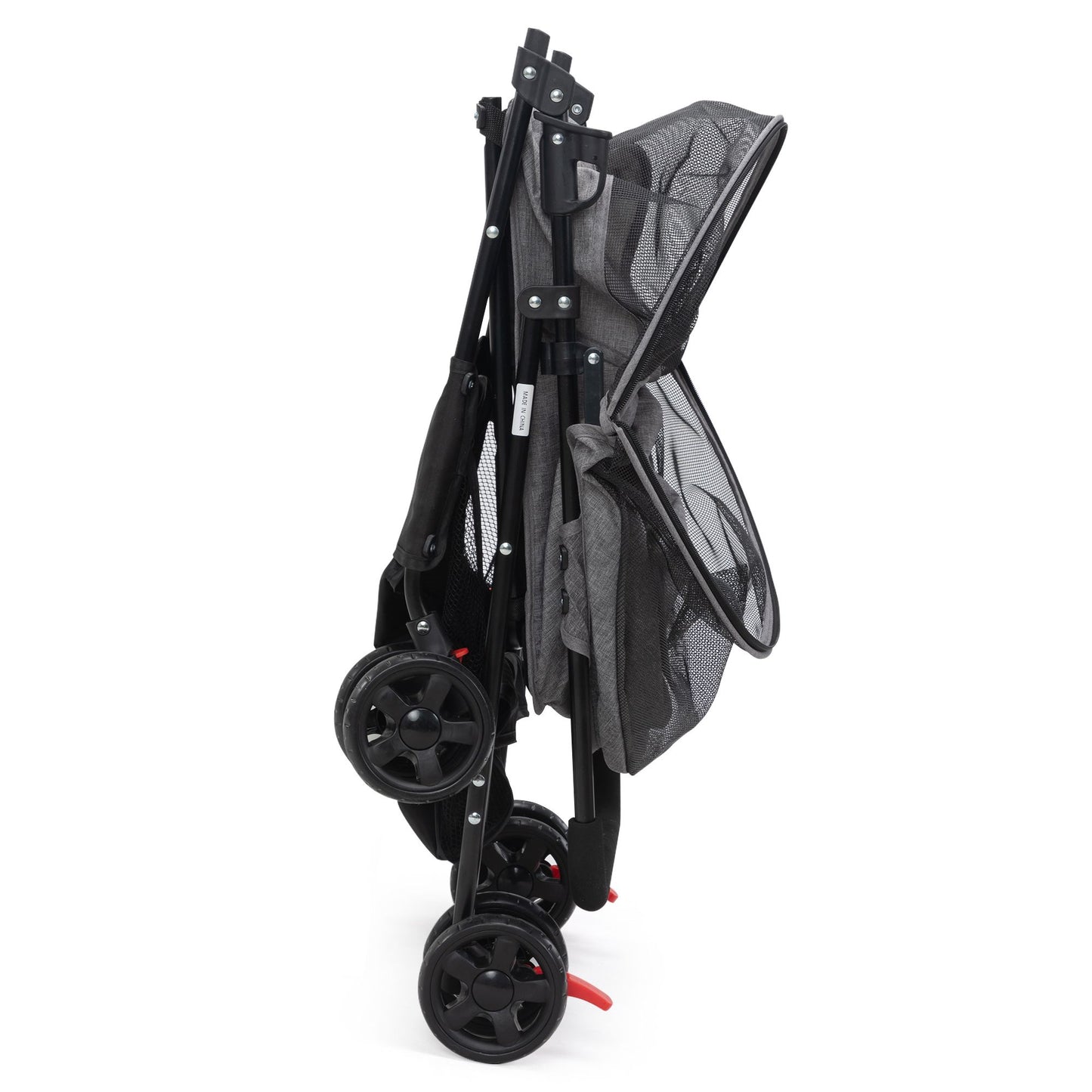 Folded black and gray foldable pet stroller with wheels and mesh panels by PawCounter.com