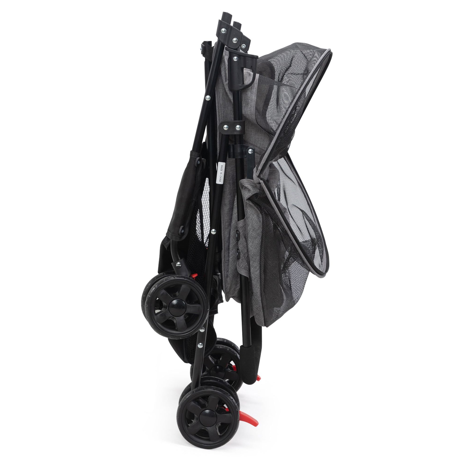 Folded black and gray foldable pet stroller with wheels and mesh panels by PawCounter.com