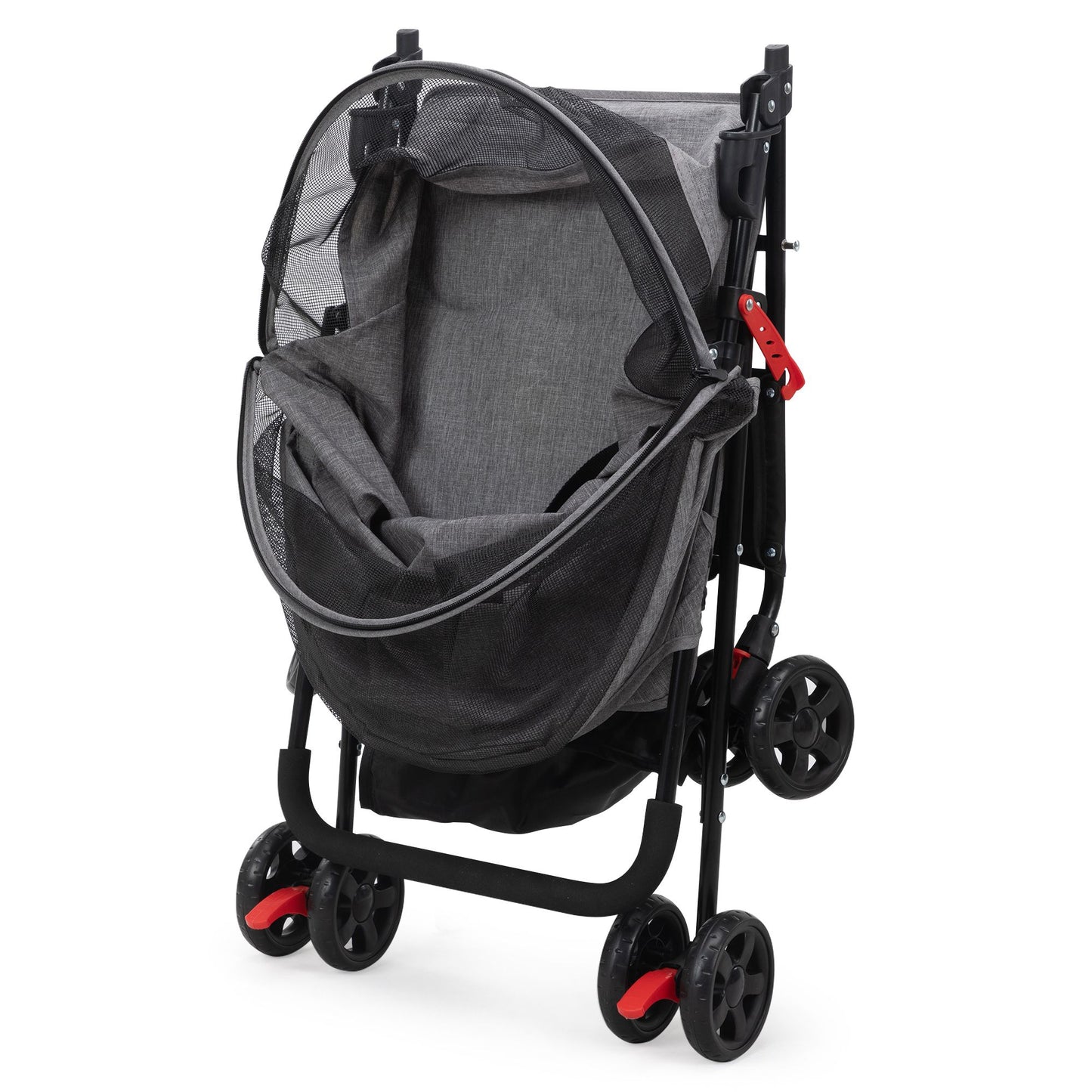 Foldable pet stroller in gray with mesh cover and black frame for easy pet transport