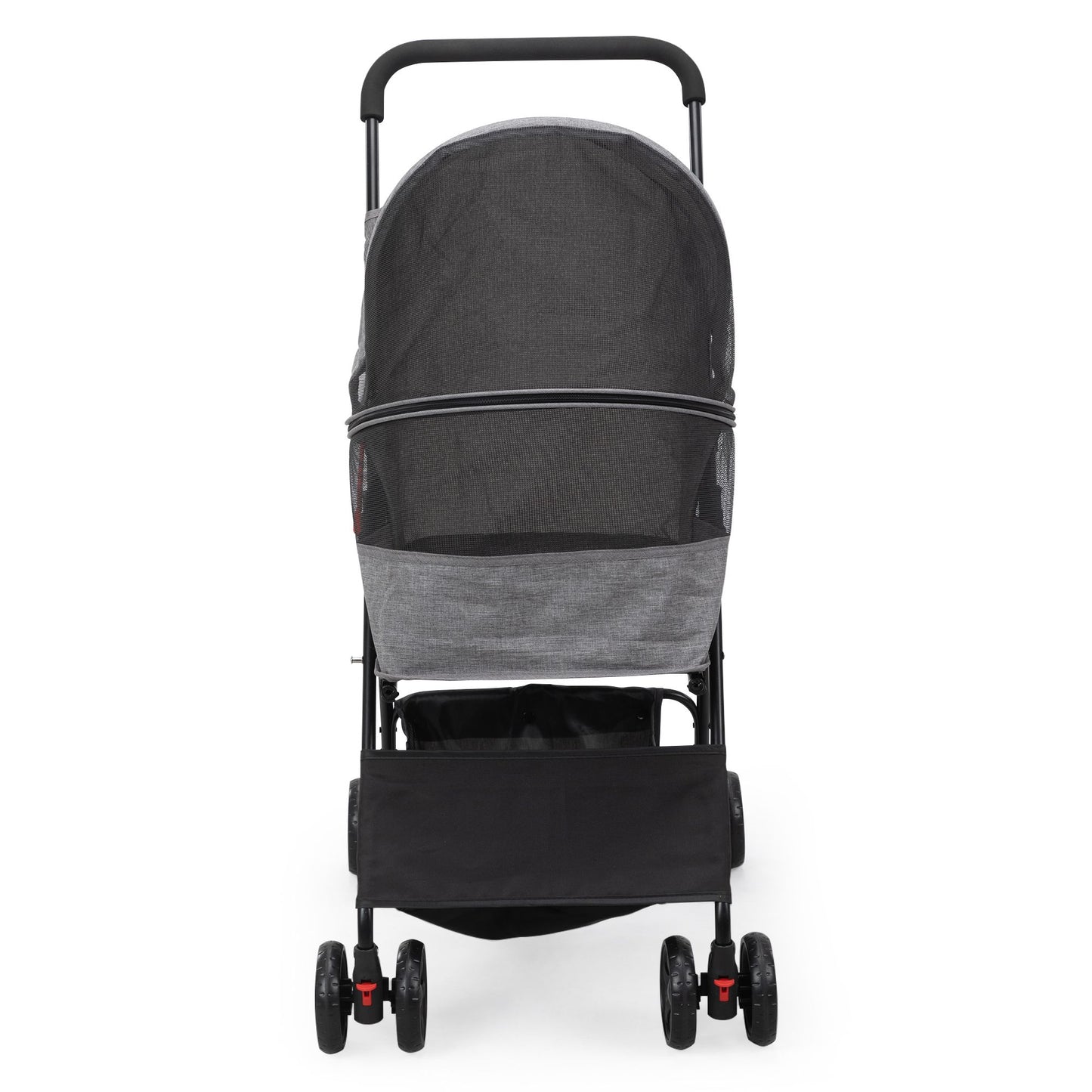 Black and gray foldable pet stroller with mesh cover and four wheels by PawCounter.com